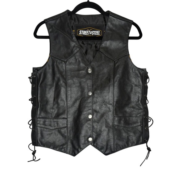 Street & Steel Other - Street & Steel Mens Black Leather Motorcycle Vest Side Lace Snap Front Size L